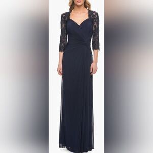 La Femme Navy Lace Prom Dress